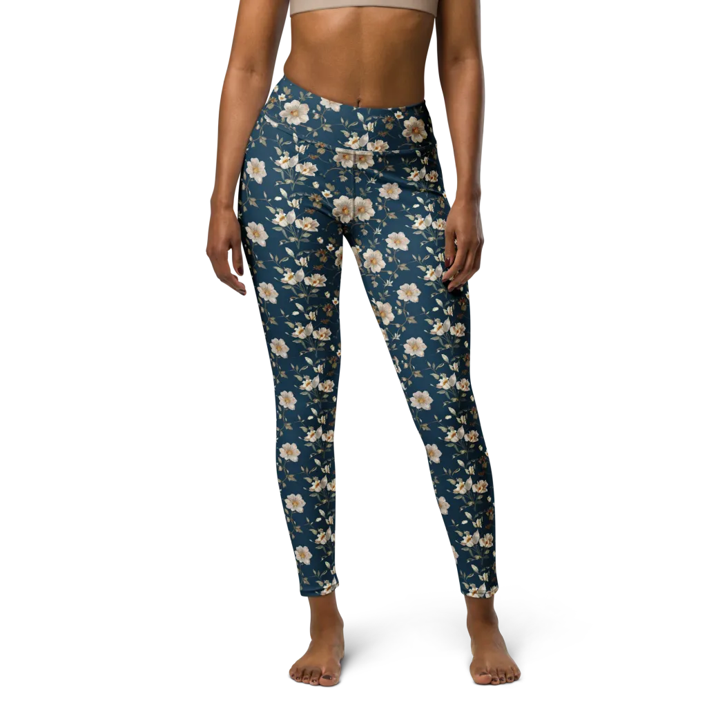 Navy Garden Reverie on Yoga Leggings — Front