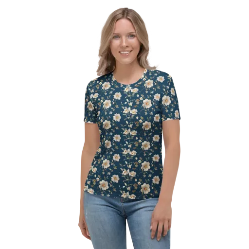 Navy Garden Reverie on a Women's Crew Neck T-Shirt