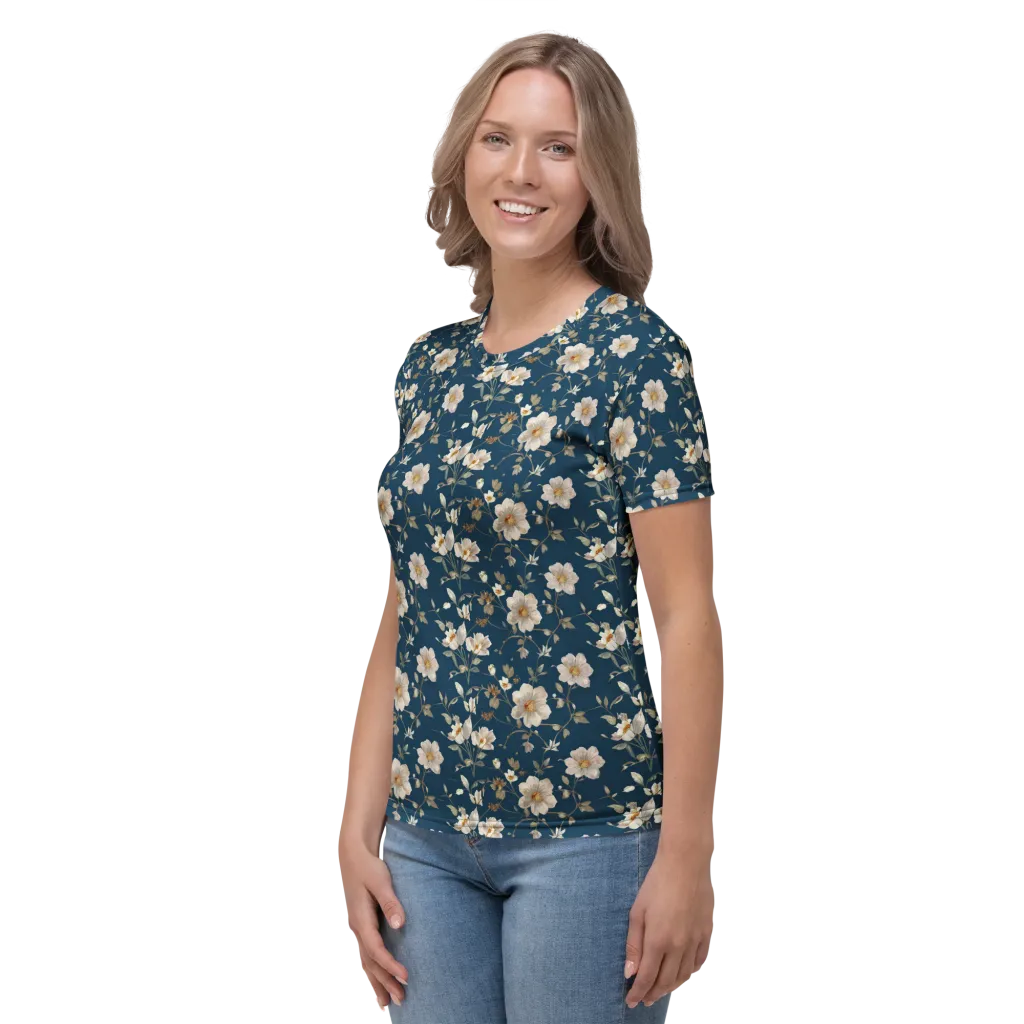 Navy Garden Reverie on Women's Crew Neck T-Shirt — Left