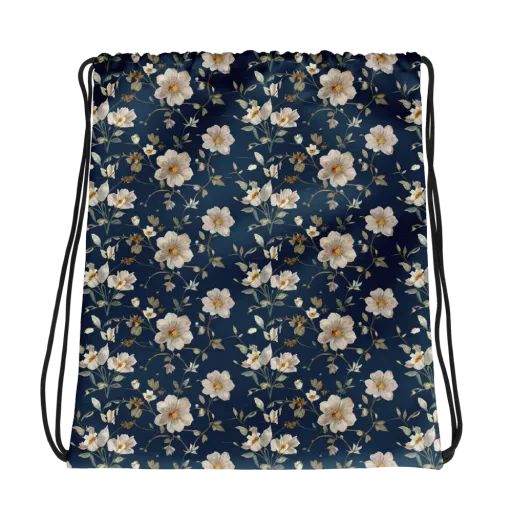 Navy Garden Reverie on a Drawstring Bag