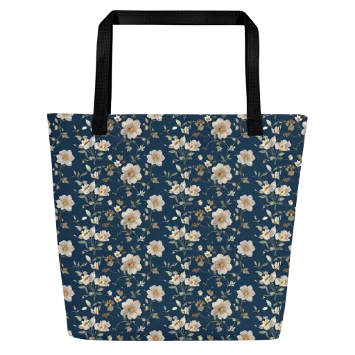 Navy Garden Reverie on a Large Tote Bag W/ Pocket