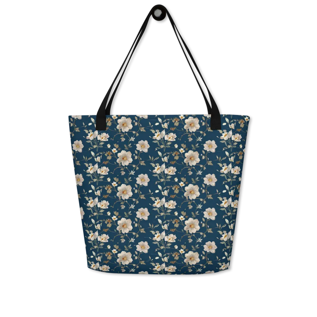 Navy Garden Reverie on Large Tote Bag W/ Pocket — Front