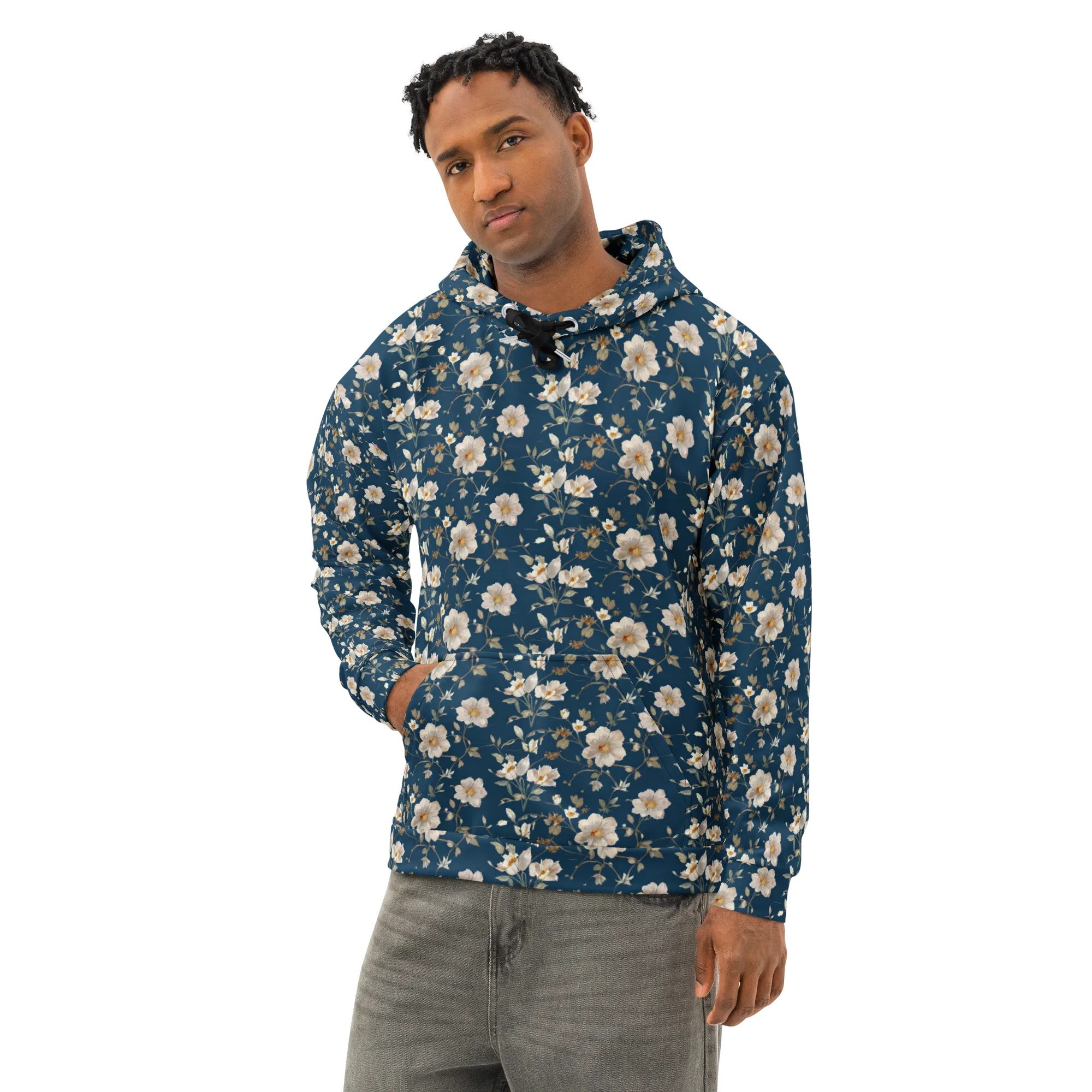 Navy Garden Reverie on Cotton Hoodie — Left Front