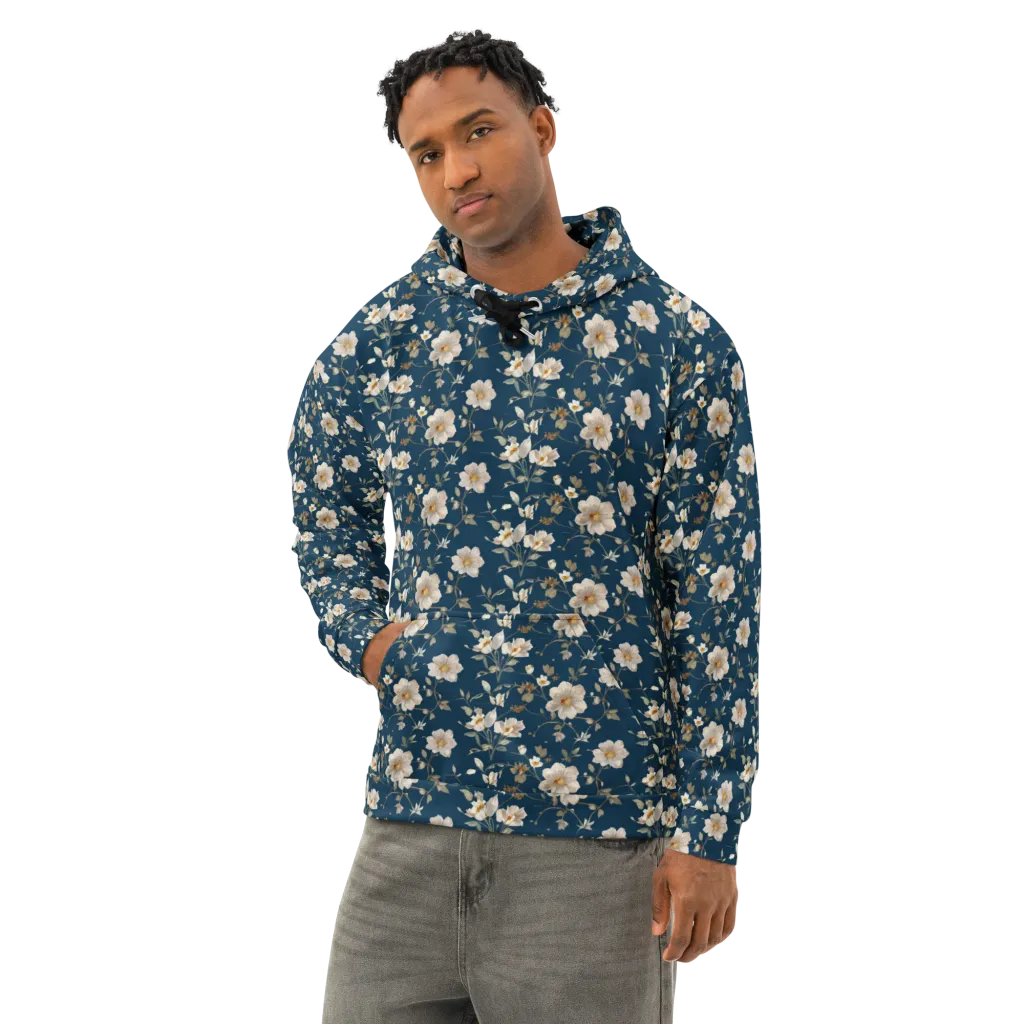 Navy Garden Reverie on Cotton Hoodie — Left Front