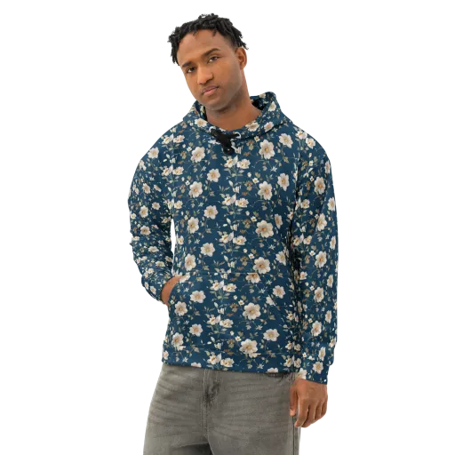 Navy Garden Reverie on a Cotton Hoodie