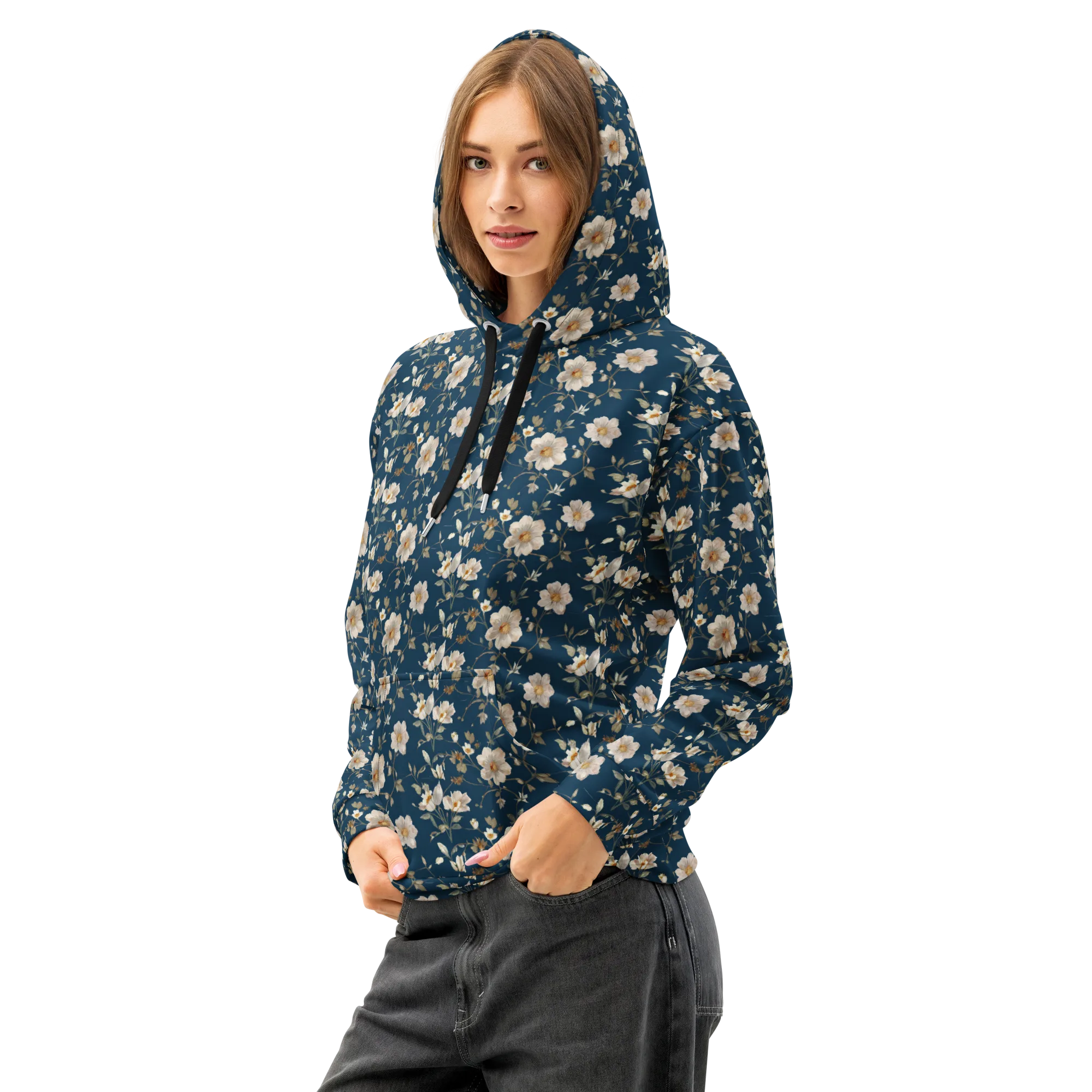 Navy Garden Reverie on Cotton Hoodie — Left Front