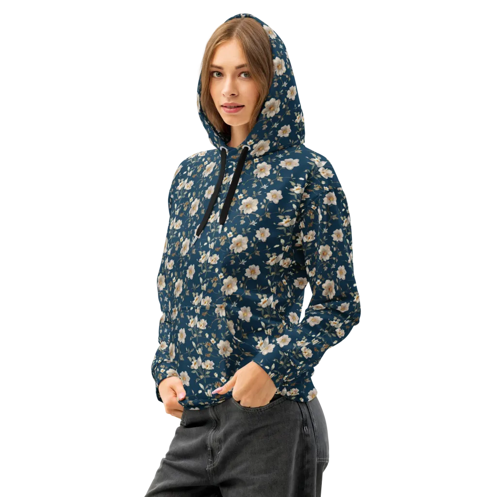 Navy Garden Reverie on Cotton Hoodie — Left Front