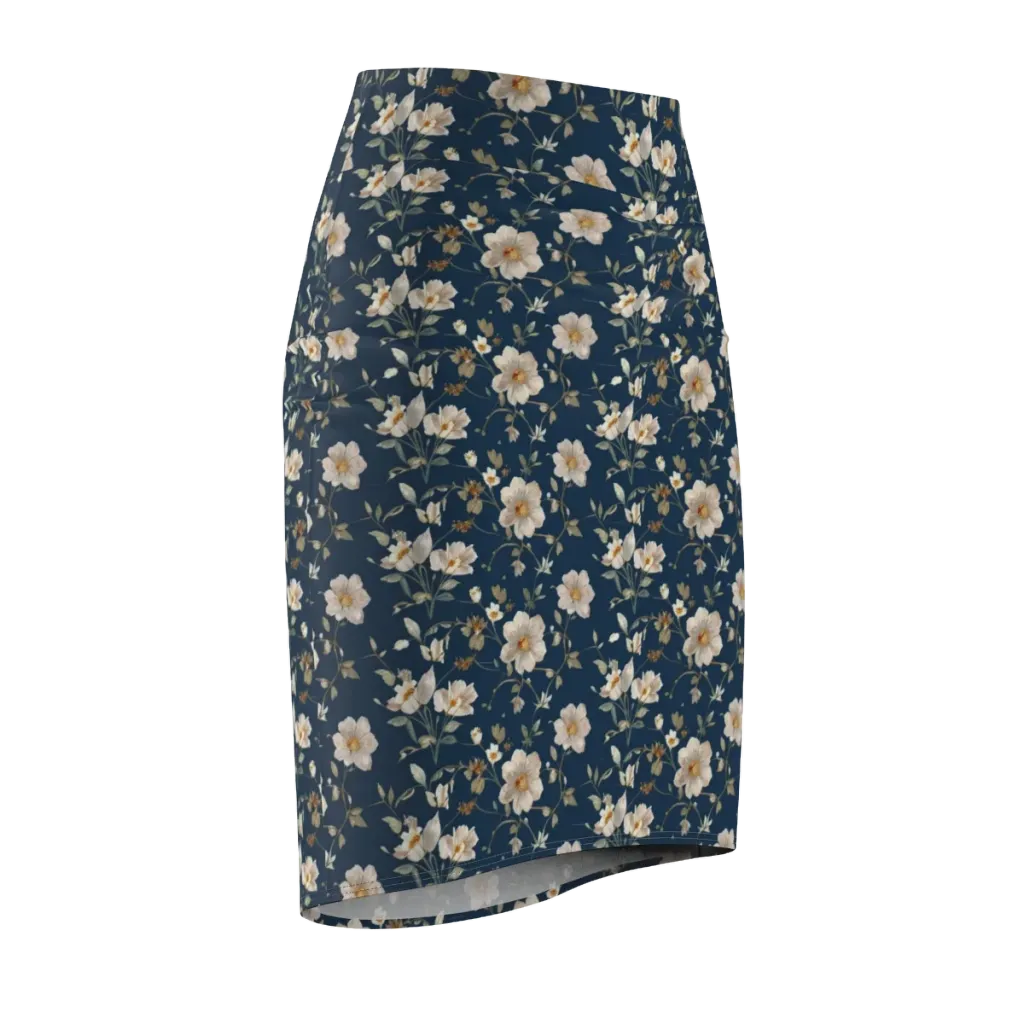 Navy Garden Reverie on Pencil Skirt — Front Side
