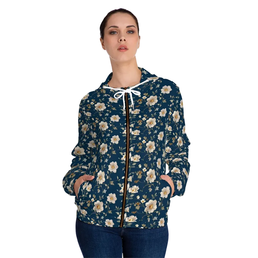 Navy Garden Reverie on Women's Full-Zip Hoodie — Front On Person