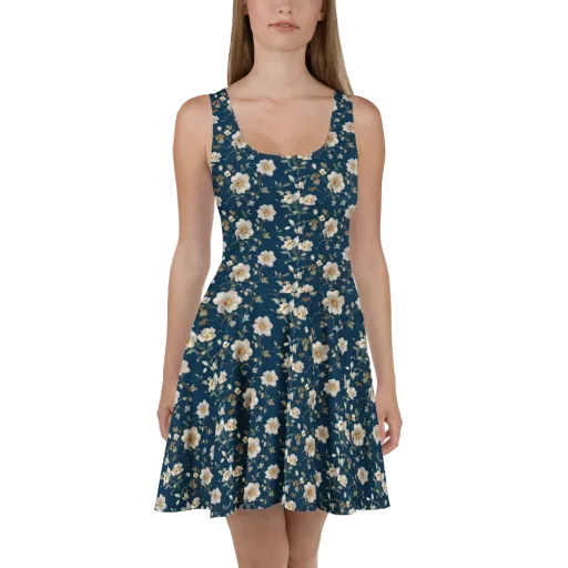 Navy Garden Reverie on a Skater Dress