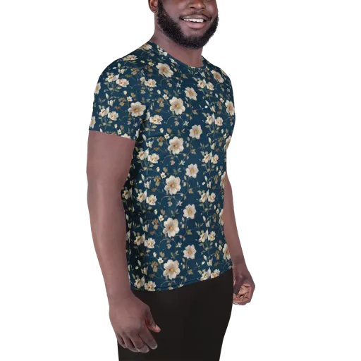Navy Garden Reverie on a Men's Athletic T-Shirt
