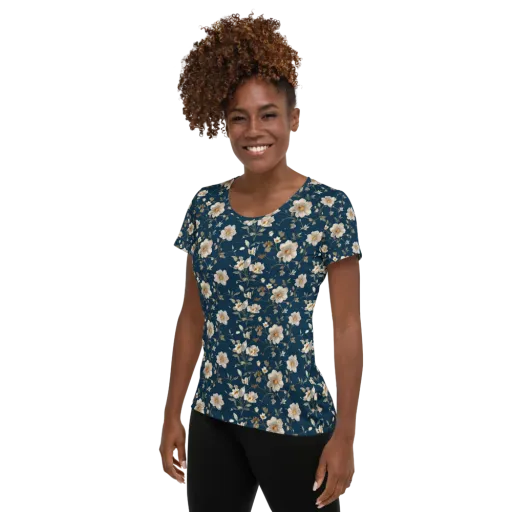 Navy Garden Reverie on a Women's Athletic T-Shirt