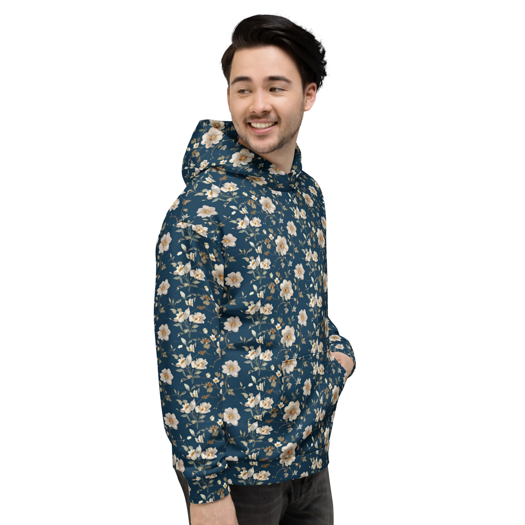 Navy Garden Reverie on Hoodie — Right