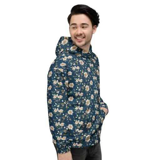 Navy Garden Reverie on a Hoodie