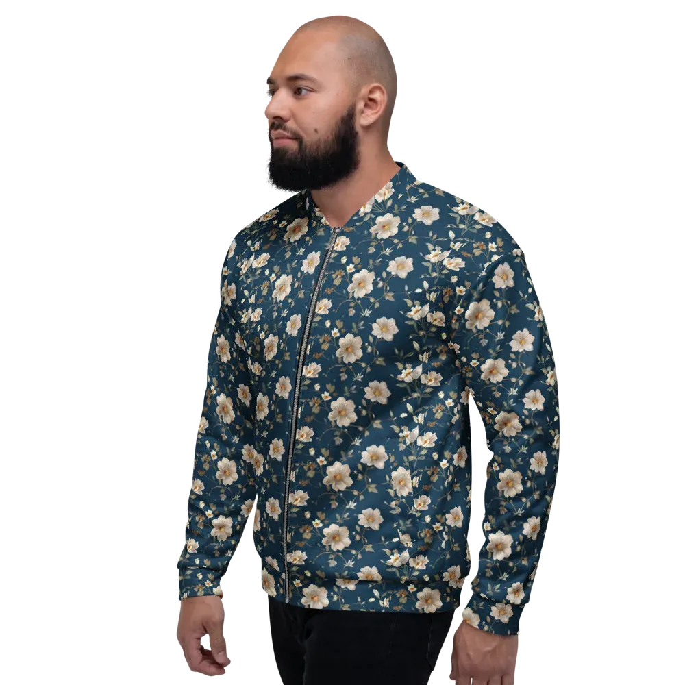 Navy Garden Reverie on Bomber Jacket — Left
