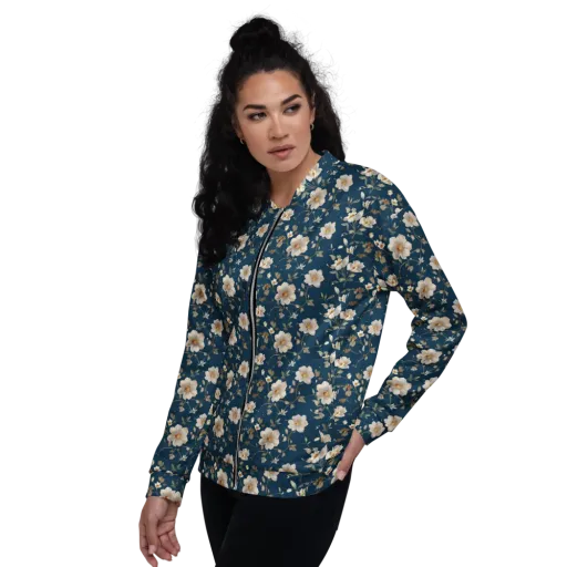 Navy Garden Reverie on a Bomber Jacket