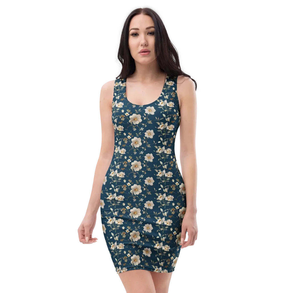 Navy Garden Reverie on Bodycon Dress — Front