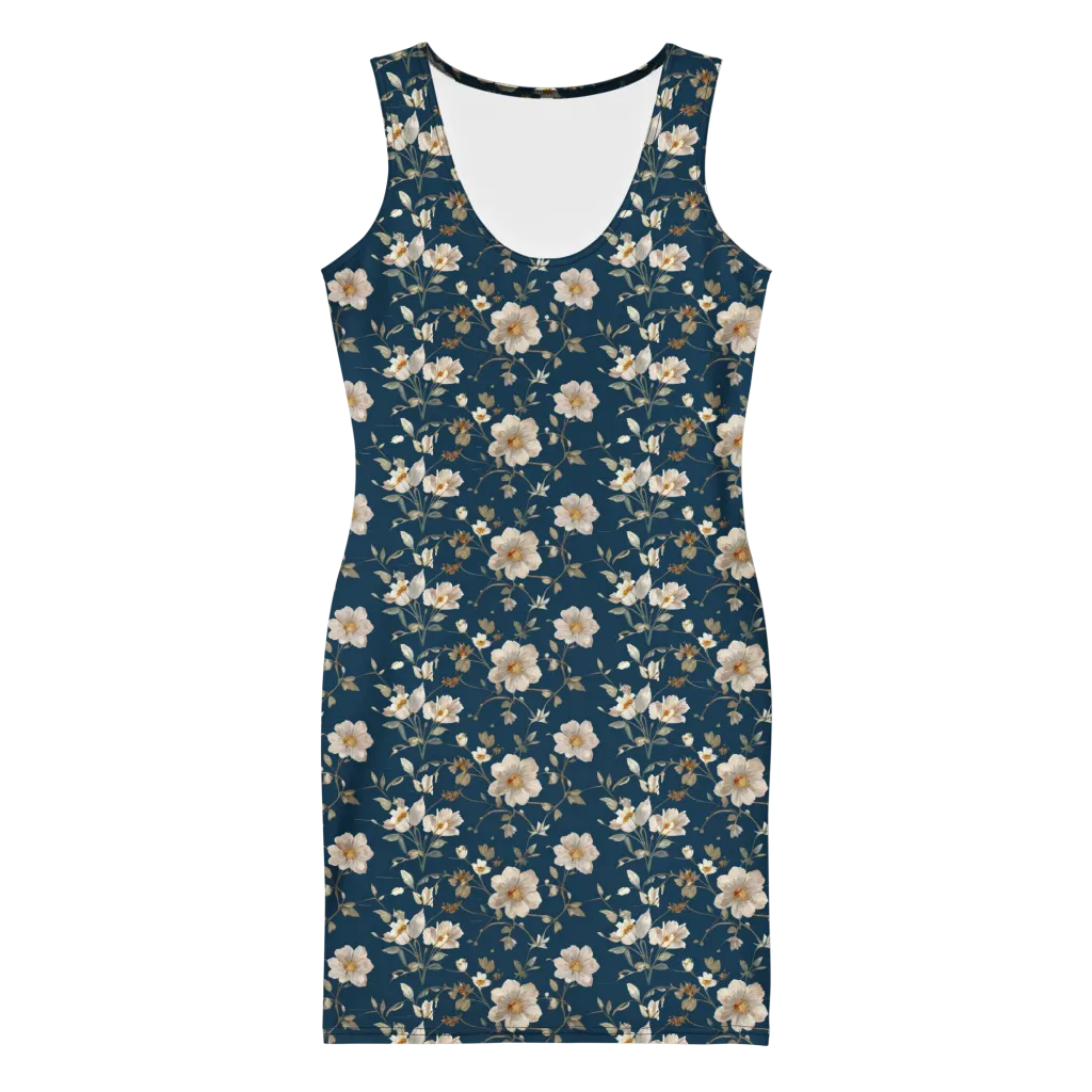 Navy Garden Reverie on Bodycon Dress — Front