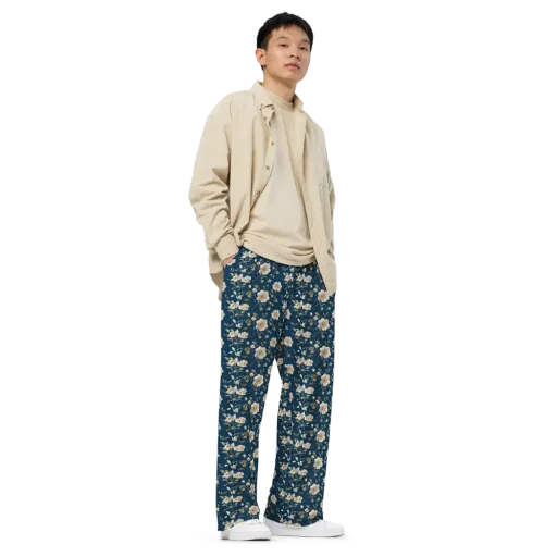 Navy Garden Reverie on a Wide-Leg Pants