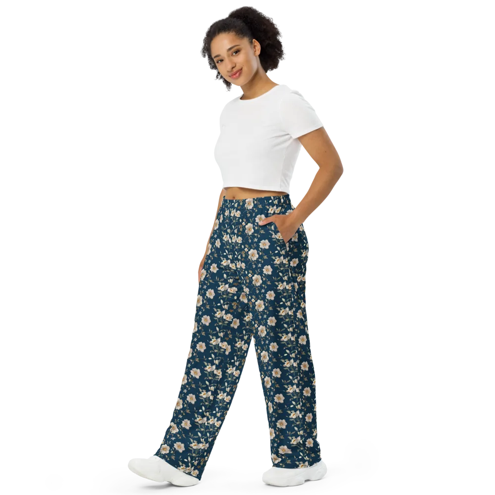 Navy Garden Reverie on Wide-Leg Pants — Left Front