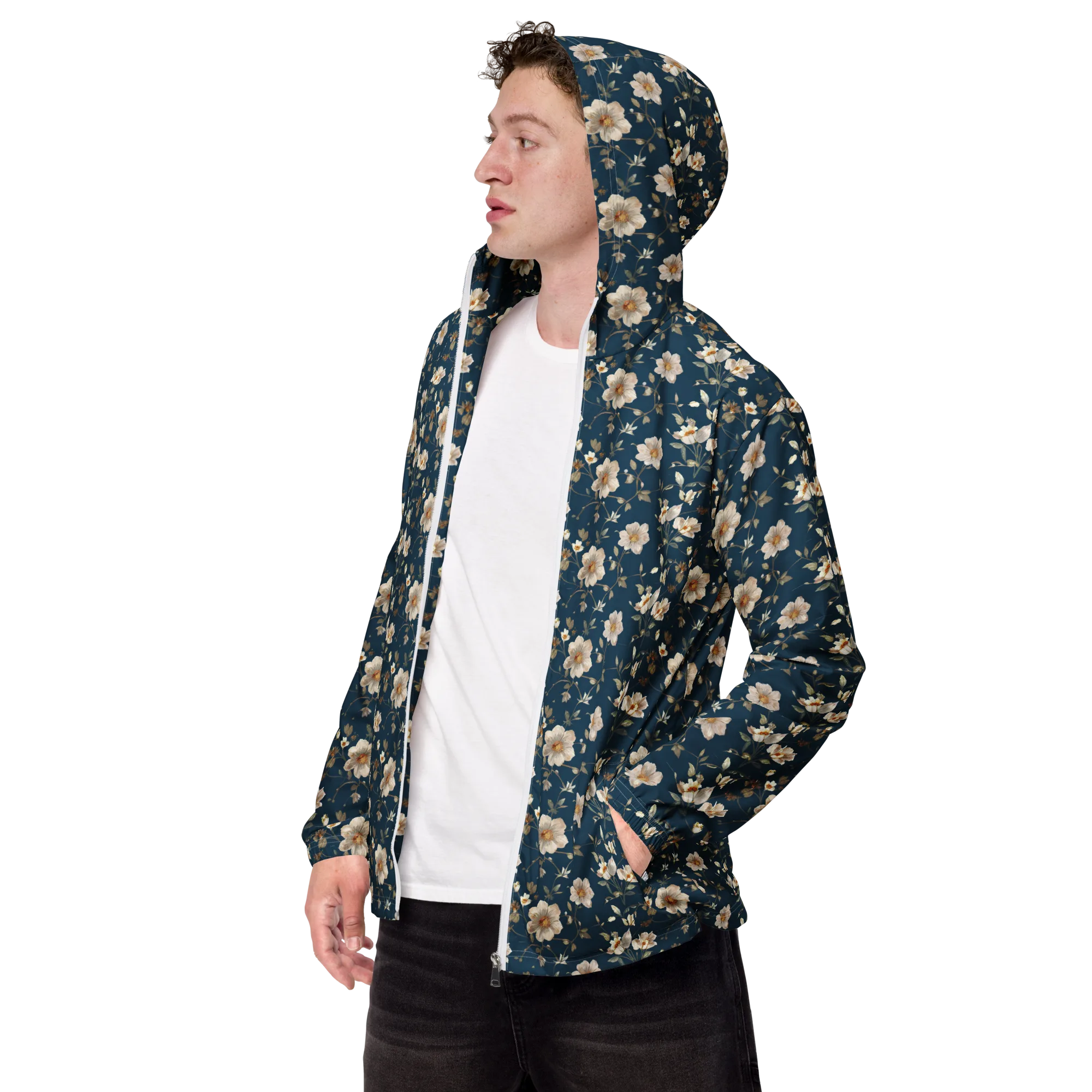 Navy Garden Reverie on Men's Windbreaker — Left Front