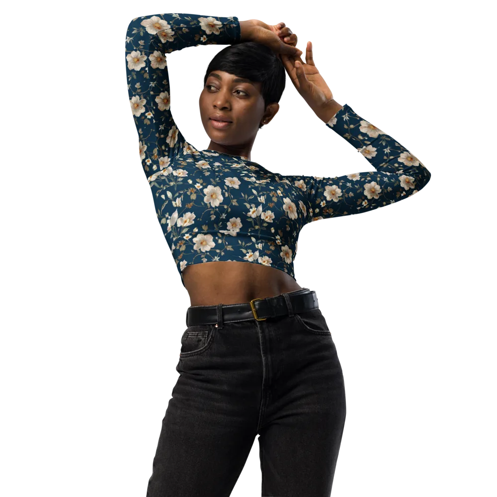 Navy Garden Reverie on Long Sleeve Crop Top — Front