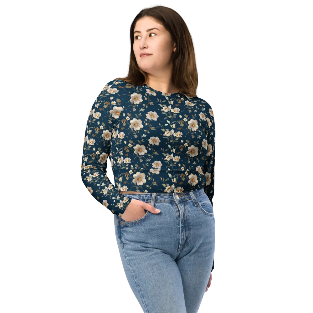 Navy Garden Reverie on Long Sleeve Crop Top — Front