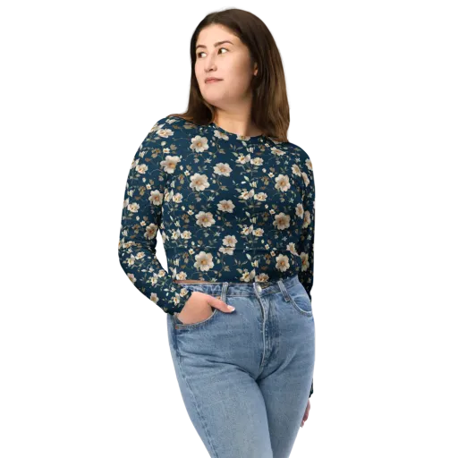 Navy Garden Reverie on a Long Sleeve Crop Top