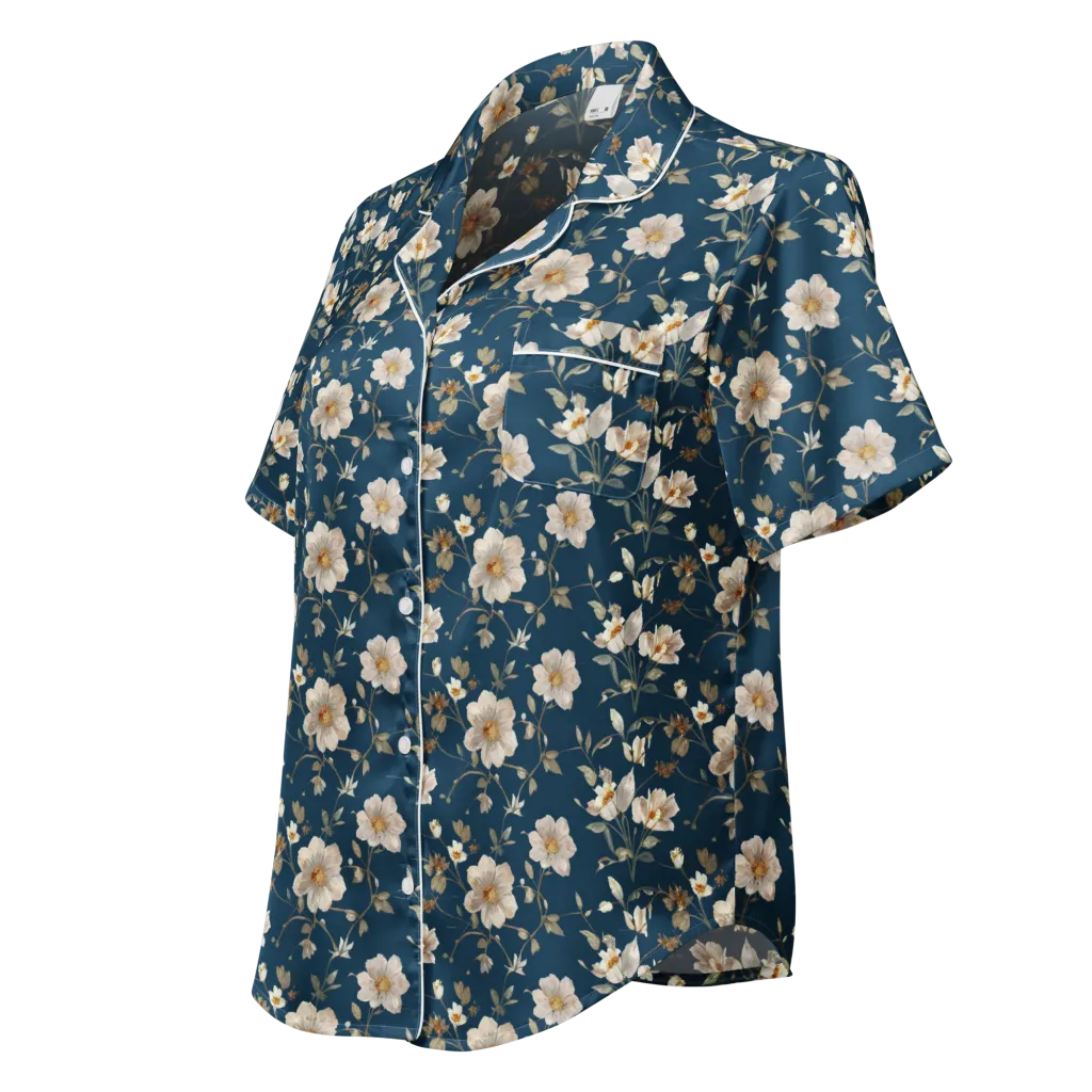 Navy Garden Reverie on Women's Short Sleeve Pajama Top — Left Front
