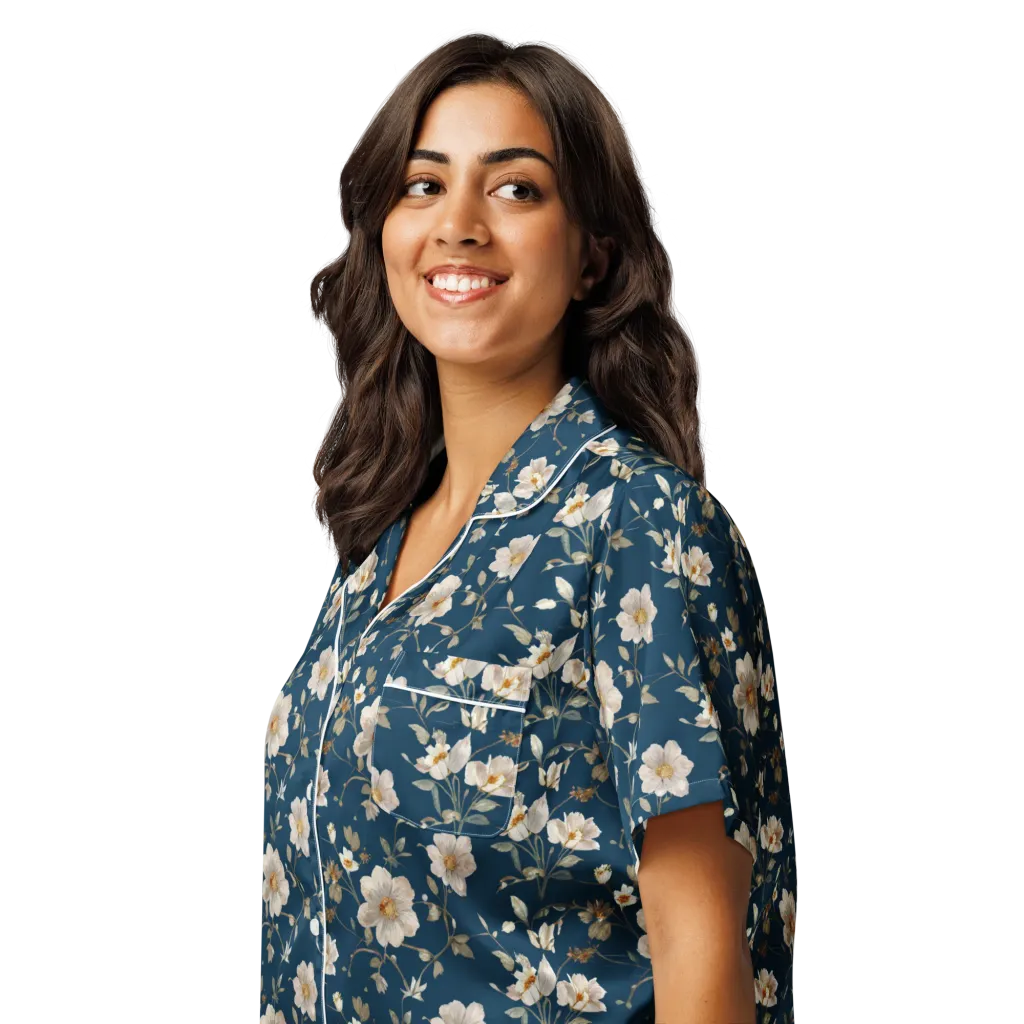 Navy Garden Reverie on Women's Short Sleeve Pajama Top — Left Front