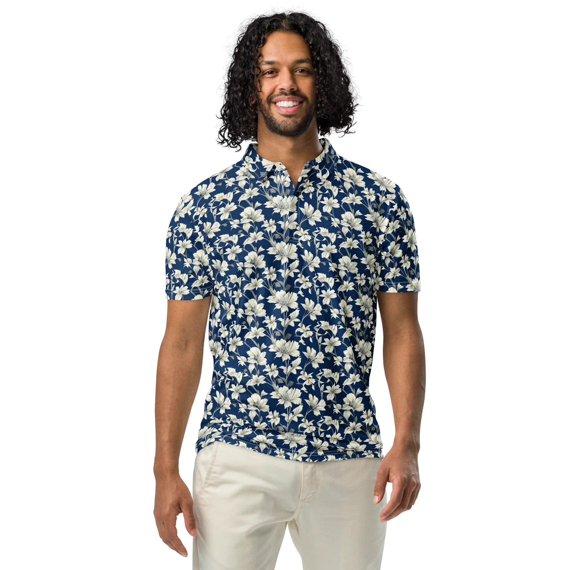 Navy Floralia on Men's Slim Fit Polo Shirt — Front