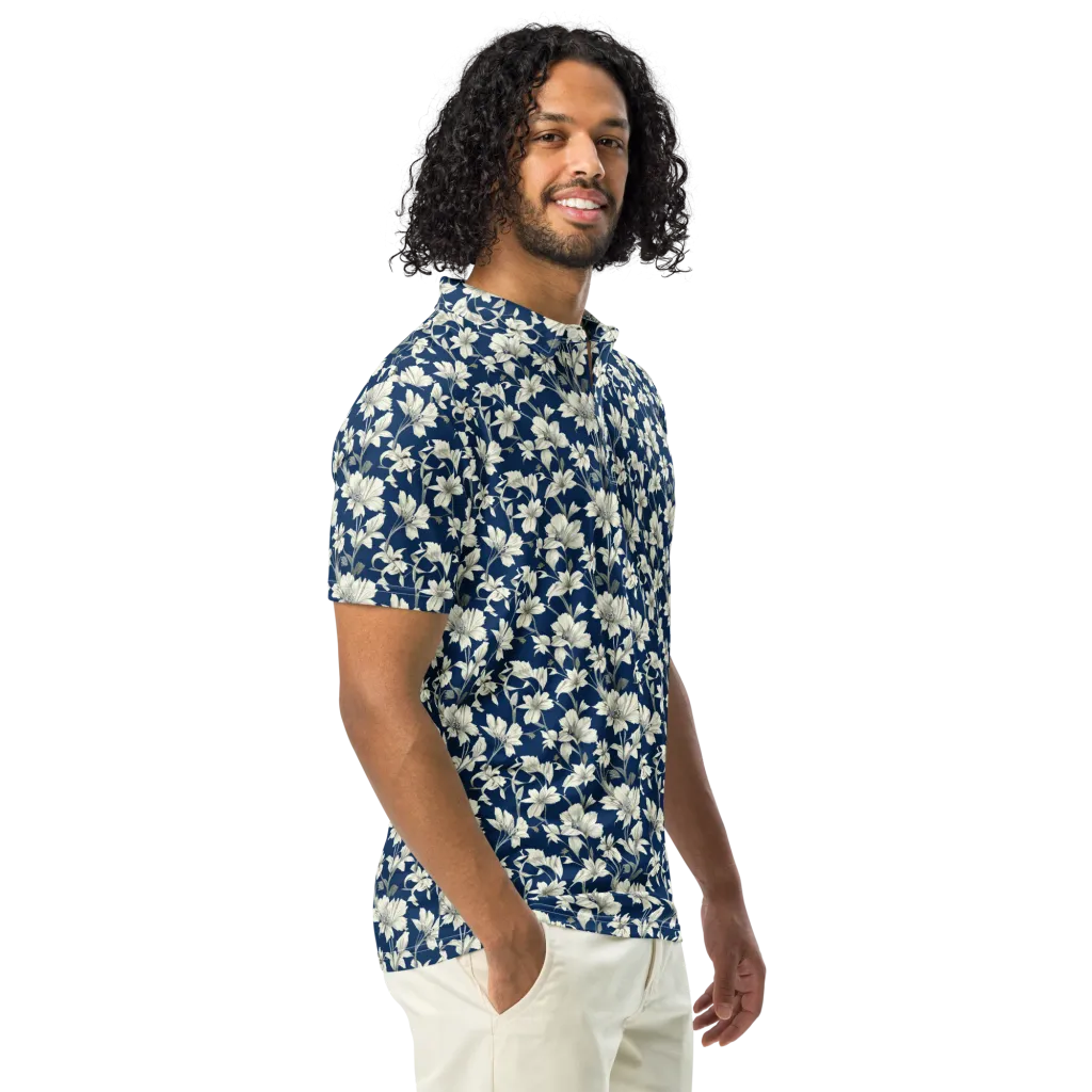 Navy Floralia on Men's Slim Fit Polo Shirt — Right Front