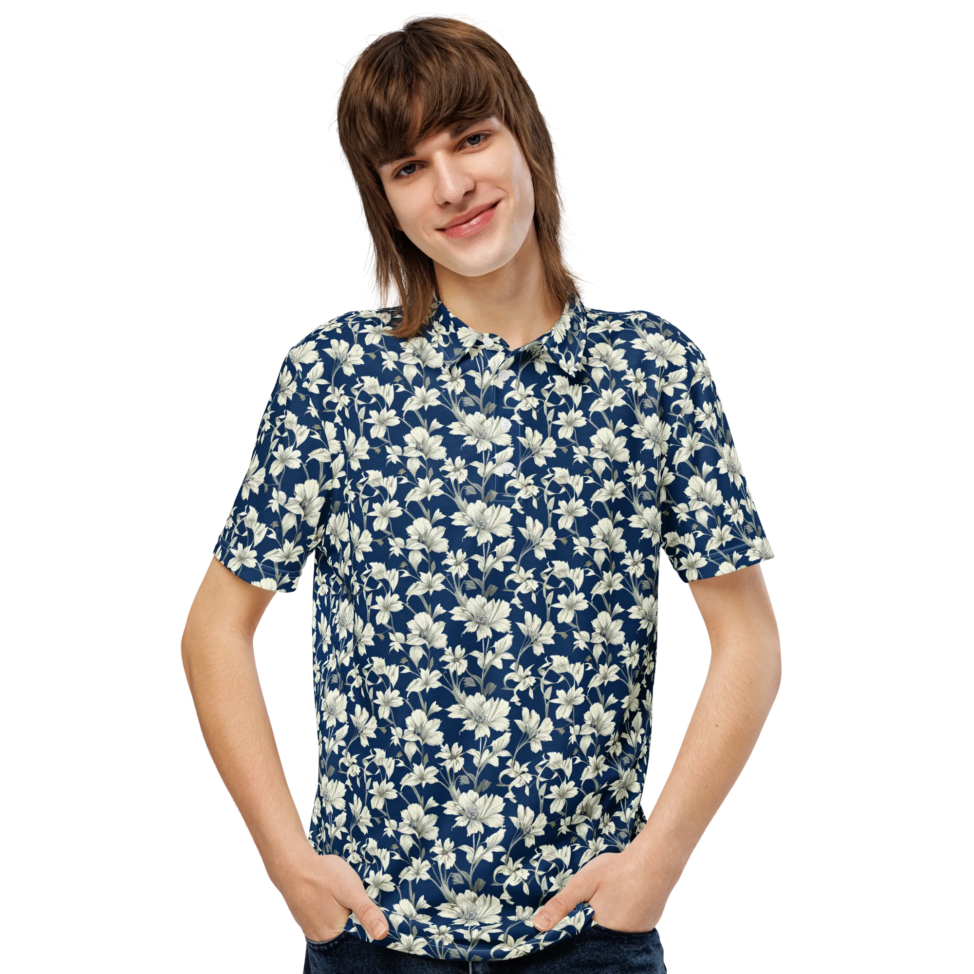 Navy Floralia on Men's Slim Fit Polo Shirt — Front