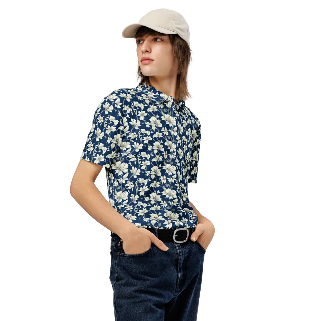 Navy Floralia on Men's Slim Fit Polo Shirt — Right Front