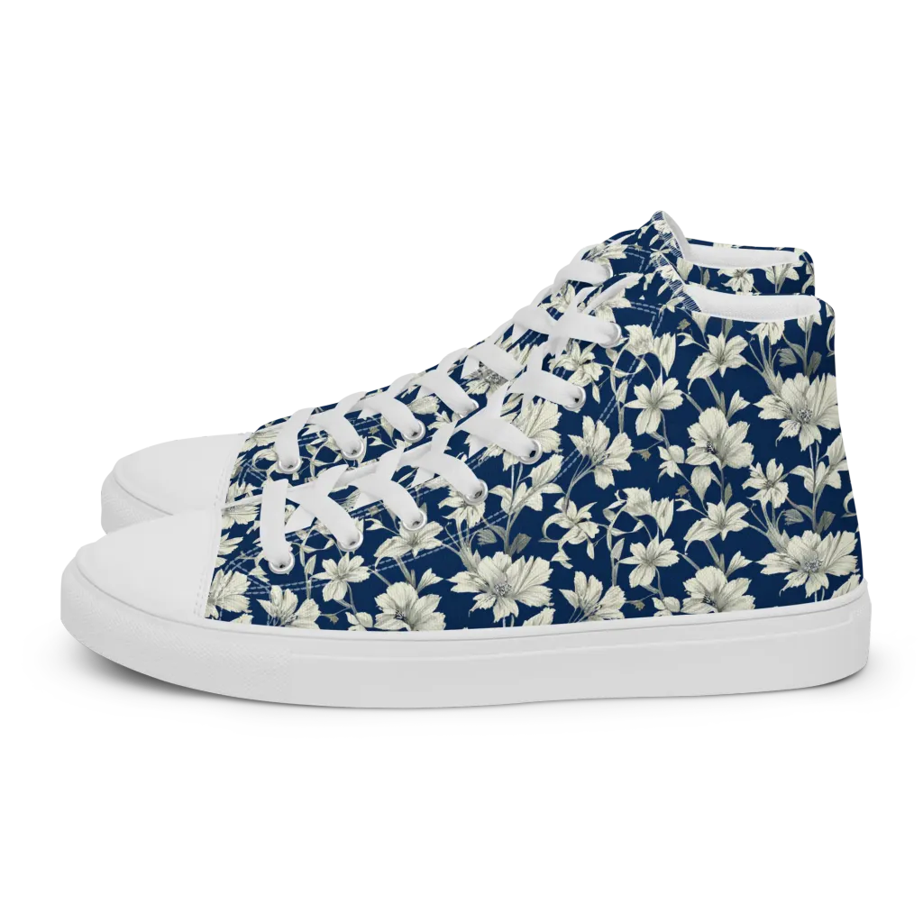 Navy Floralia on Men's High Top Canvas Shoes — Left
