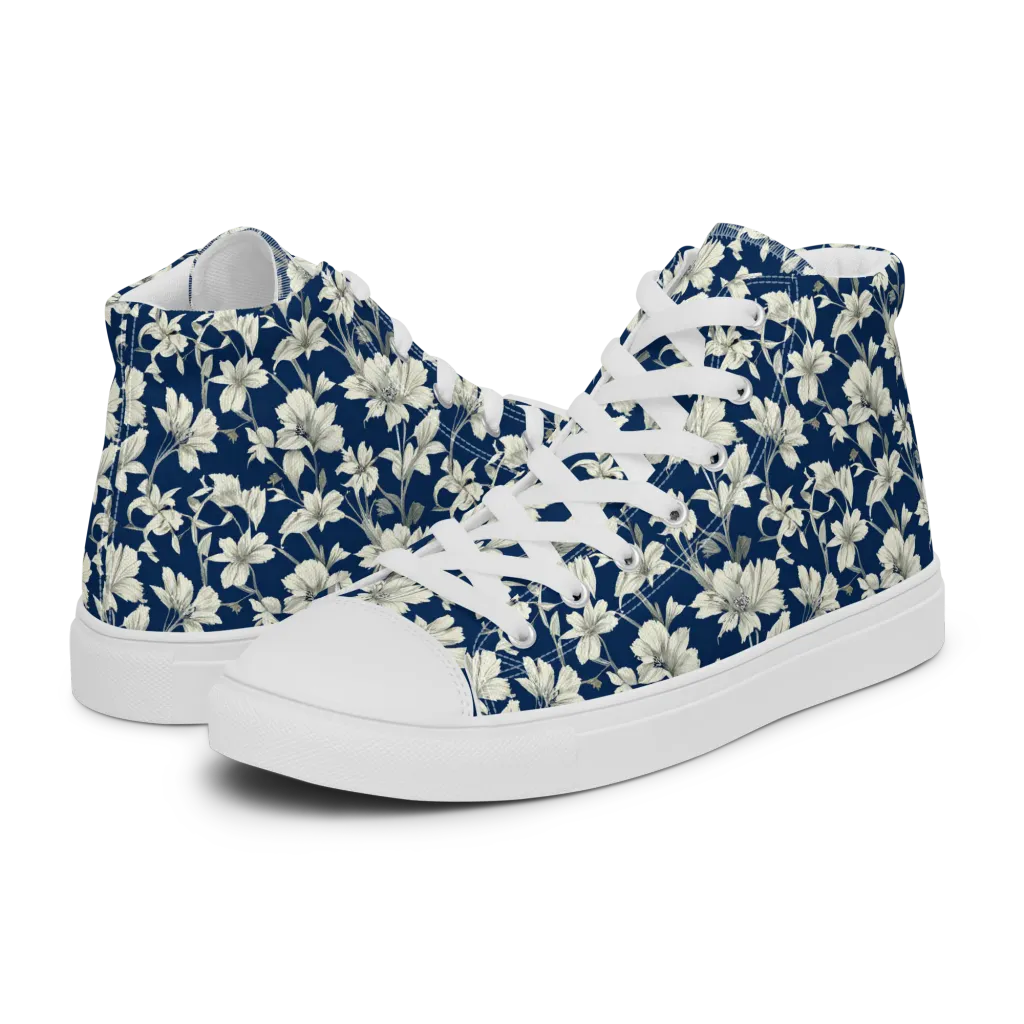Navy Floralia on Men's High Top Canvas Shoes — Left