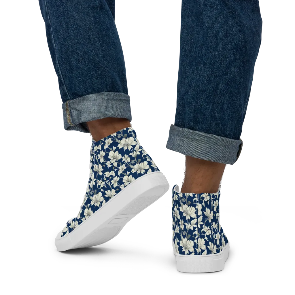 Navy Floralia on Men's High Top Canvas Shoes — Back