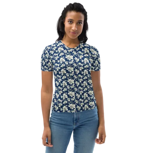 Navy Floralia on a Women's Crew Neck T-Shirt