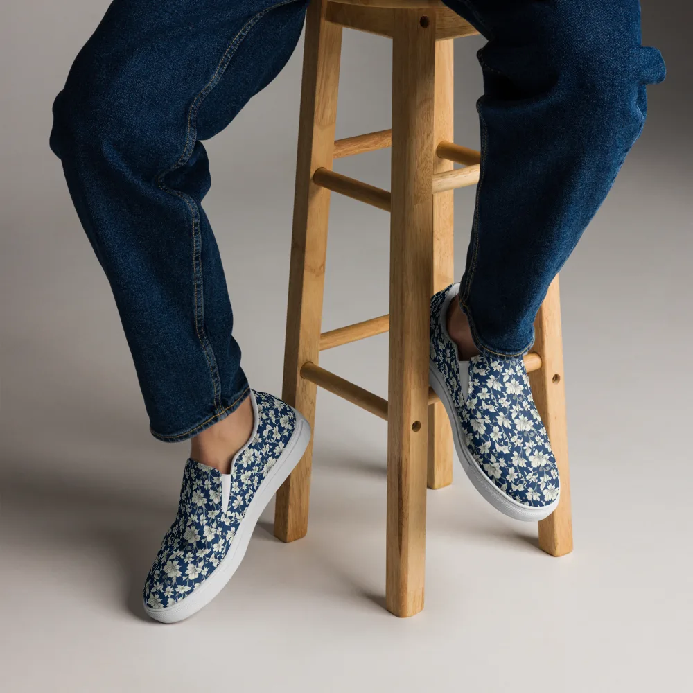 Navy Floralia on Men's Slip-On Canvas Shoes — Front