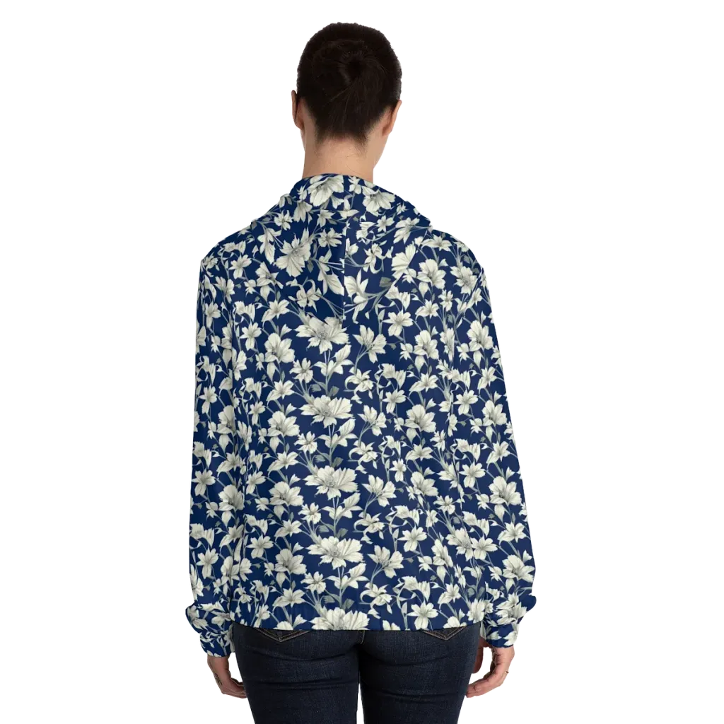 Navy Floralia on Women's Full-Zip Hoodie — Back On Person