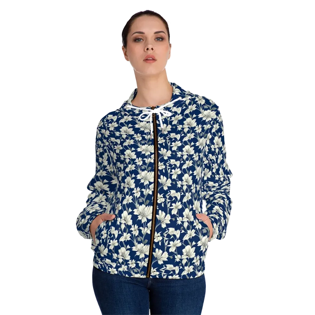 Navy Floralia on Women's Full-Zip Hoodie — Front On Person