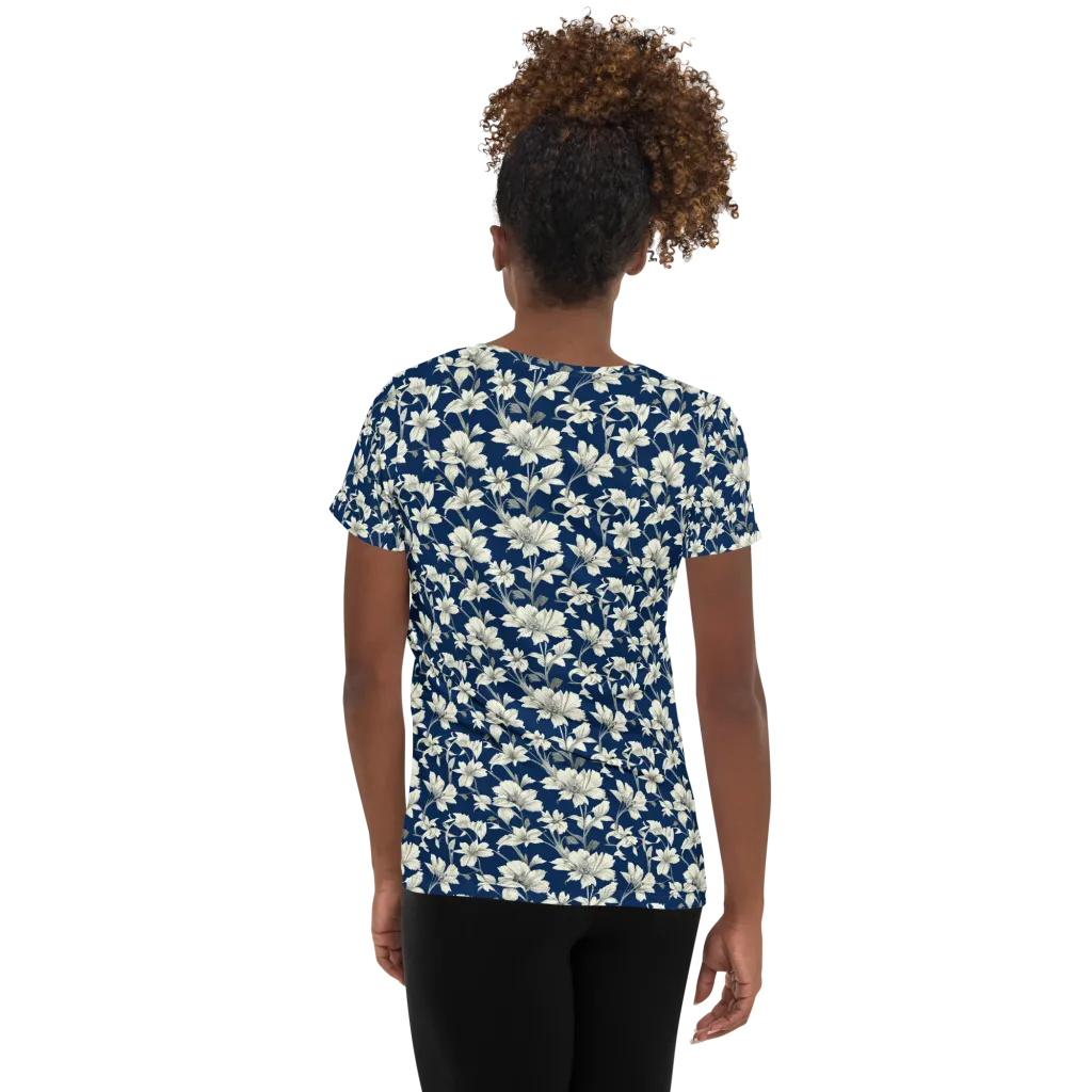 Navy Floralia on Women's Athletic T-Shirt — Back