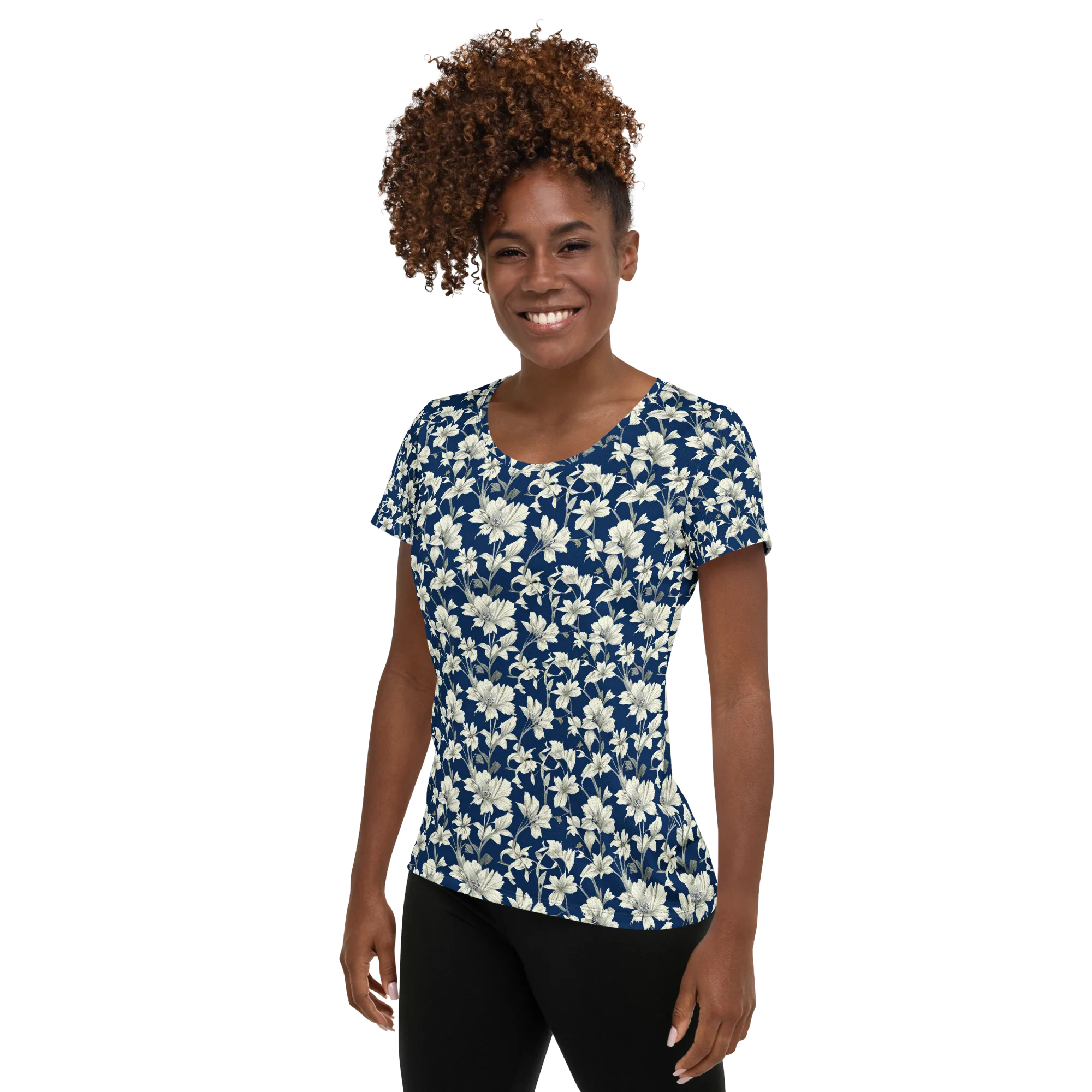 Navy Floralia on Women's Athletic T-Shirt — Left