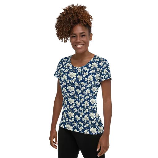 Navy Floralia on a Women's Athletic T-Shirt