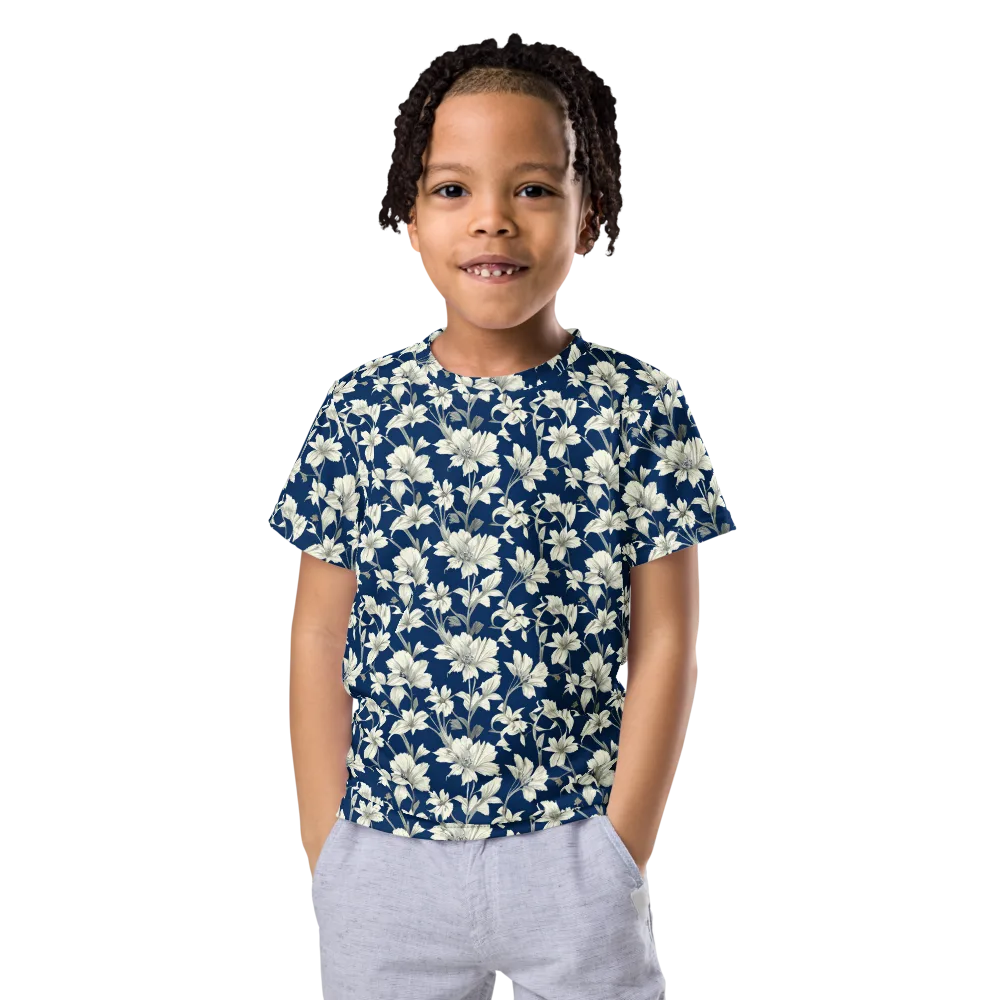 Navy Floralia on Kids Crew Neck T-Shirt — Front