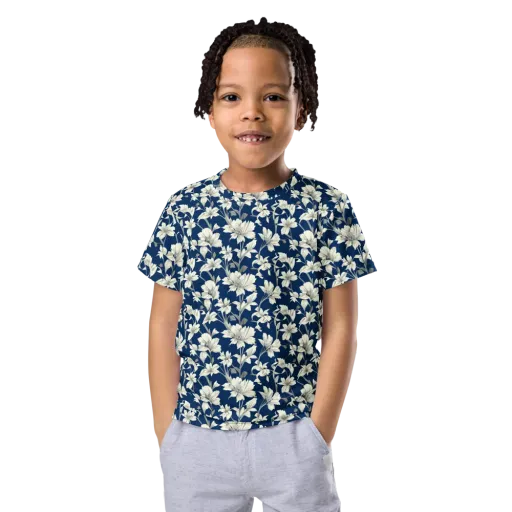 Navy Floralia on a Kids Crew Neck T-Shirt