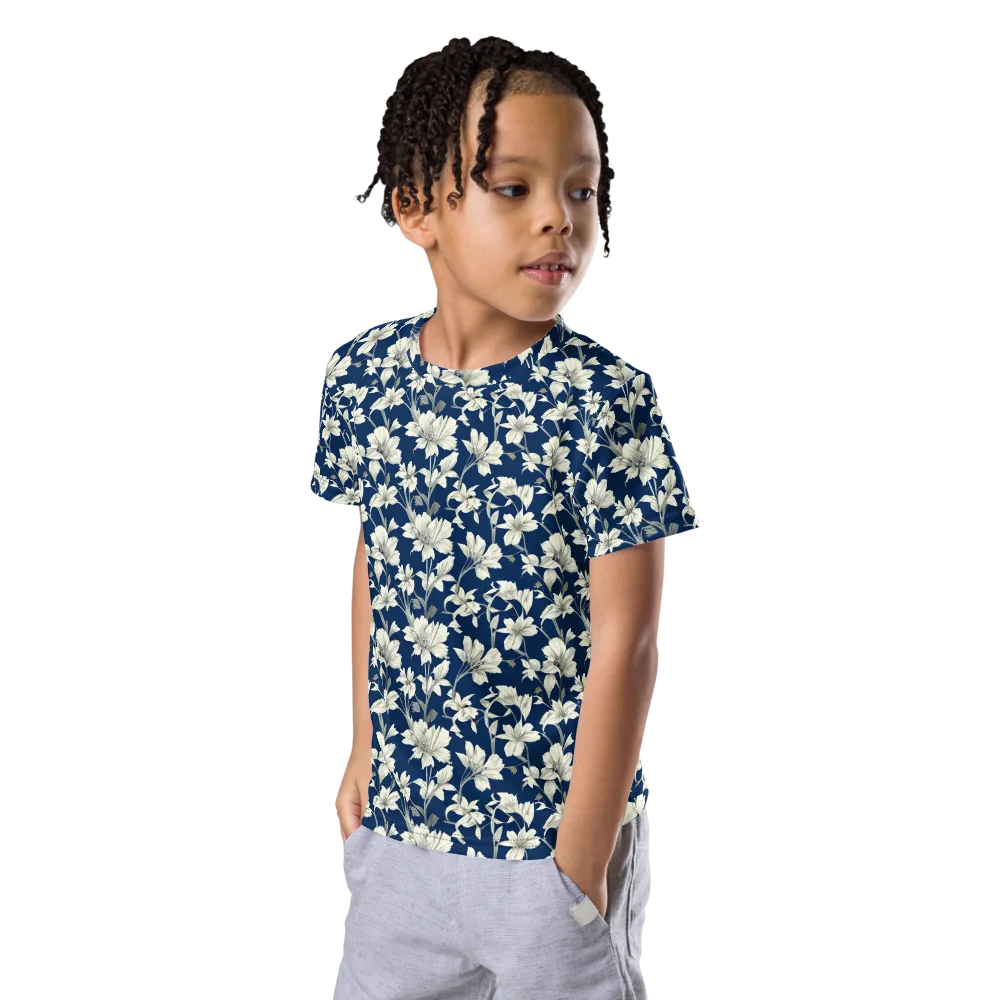 Navy Floralia on Kids Crew Neck T-Shirt — Left Front