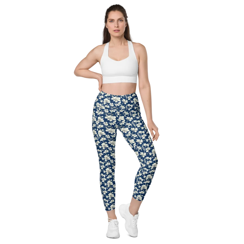 Navy Floralia on Leggings with Pockets — Front
