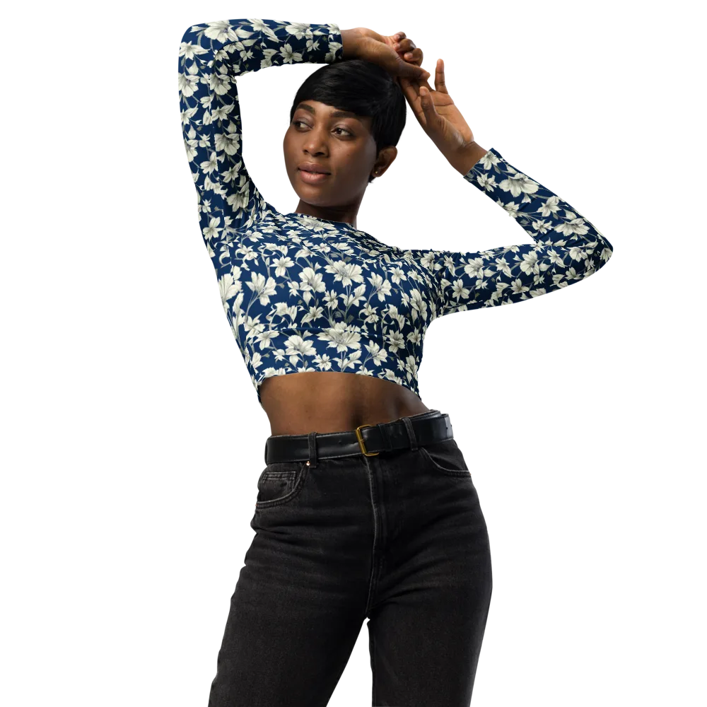 Navy Floralia on Long Sleeve Crop Top — Front