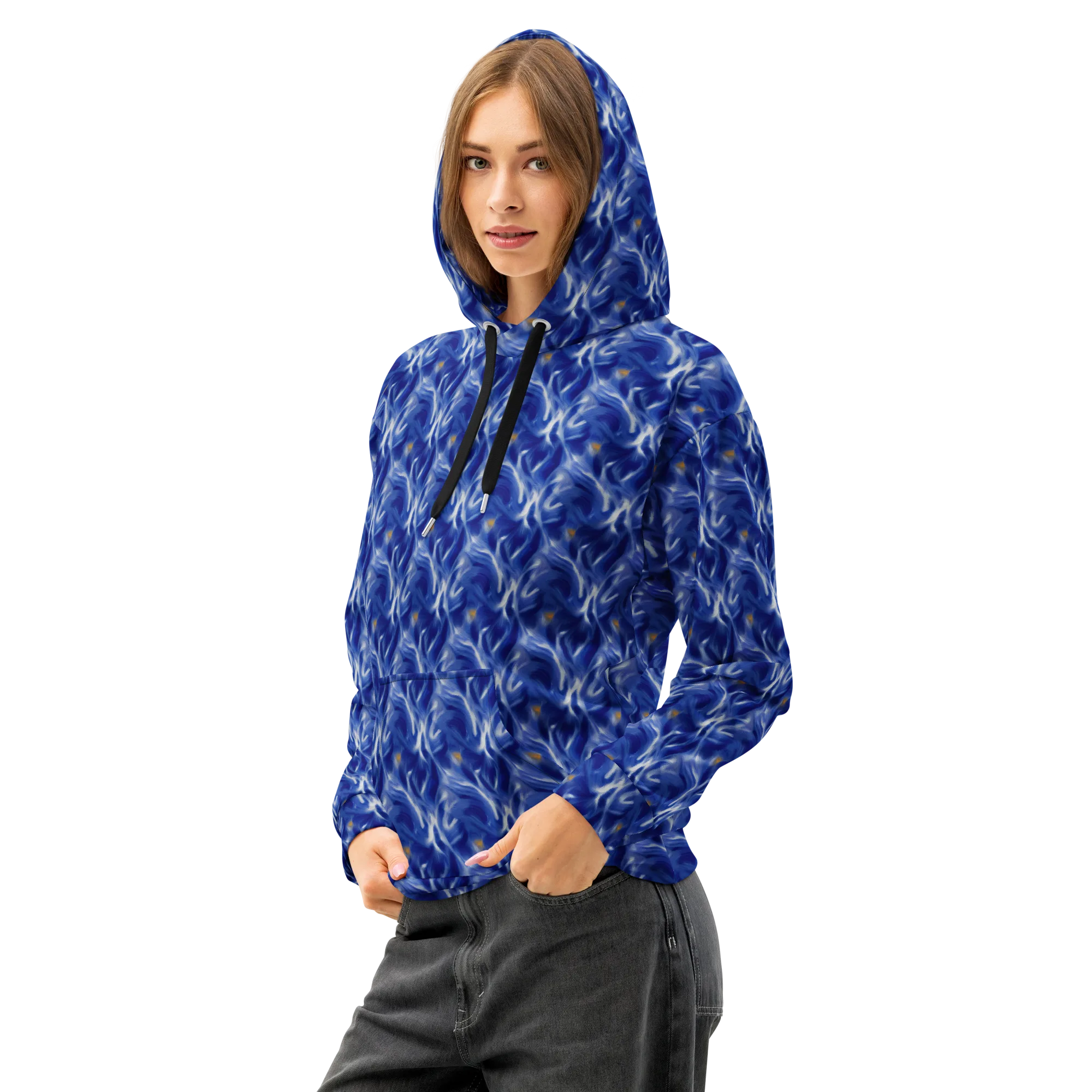 Sapphire Whirl on Cotton Hoodie — Left Front